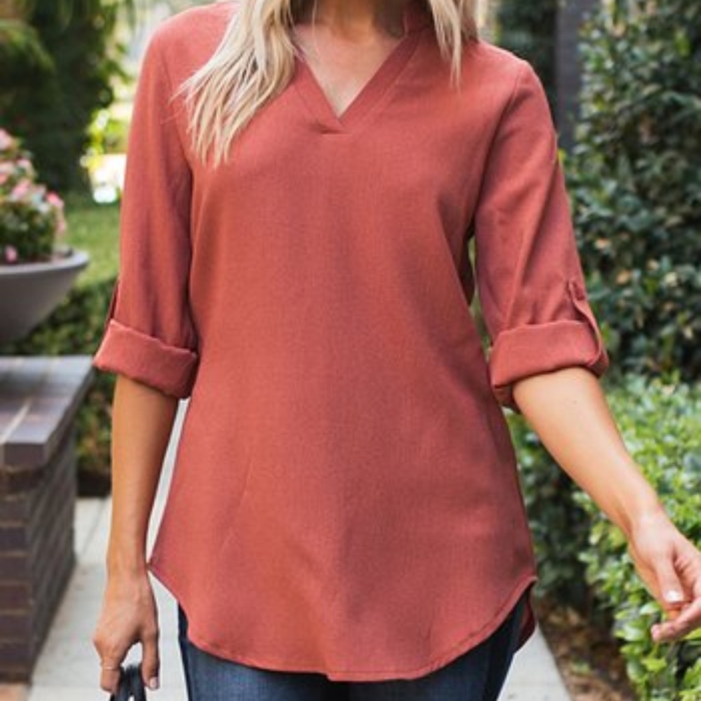 Amaryllis Rust Roll-Tab Sleeve Notch Neck Top